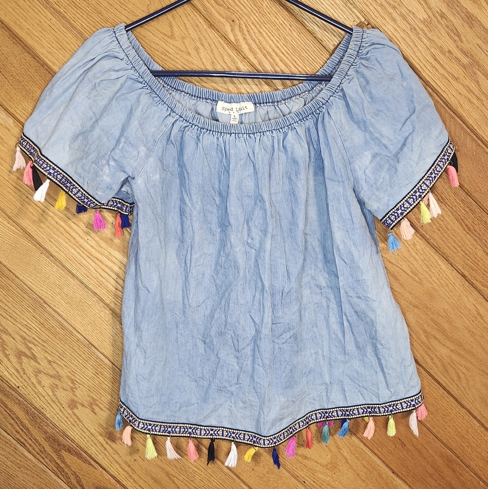 Speed Limit MPH Light Blue Boat Neck Rainbow Tassle Fringe Large Womens Top